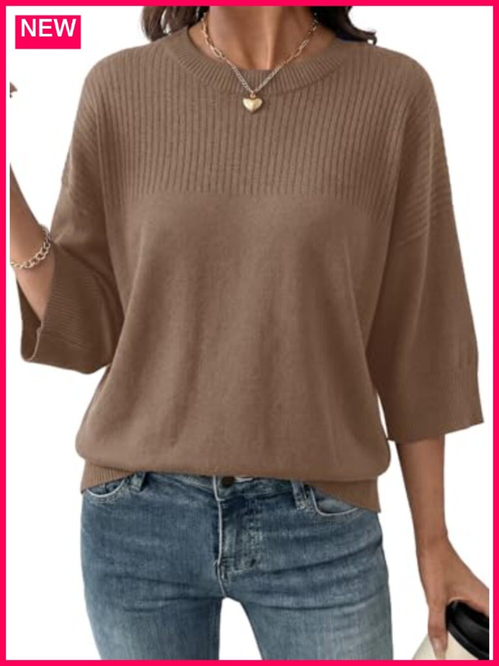 Womens 3/4 Sleeve Cropped Sweater Lightweight Knit Pullover Top